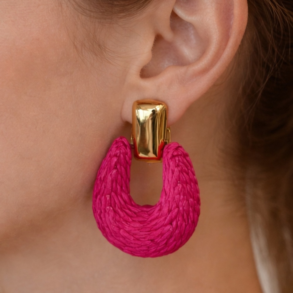 Hot Pink Raffia Hoop Earrings Gold Tone Statement 2.25” Summer Vacation Bold